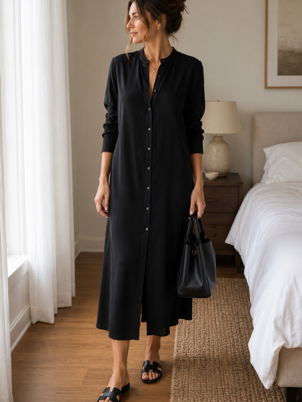 Derek Lam Black 100% Silk Shirt Dress Minimalist‎ Quiet Luxury Midi Size 8